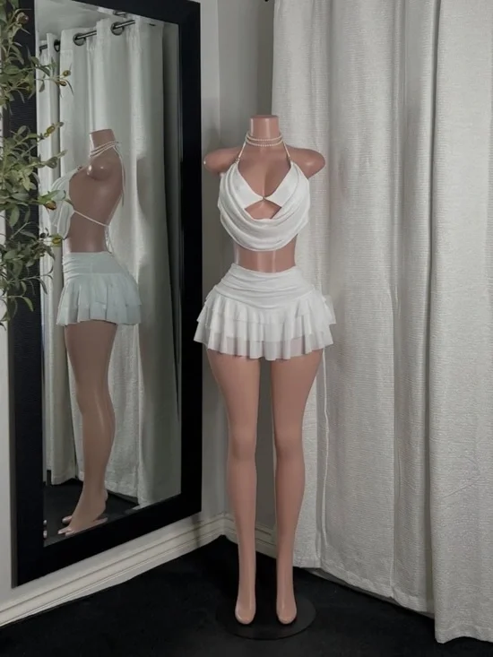 White Two-Piece Pleated Skirt Set - Picture 2 of 2